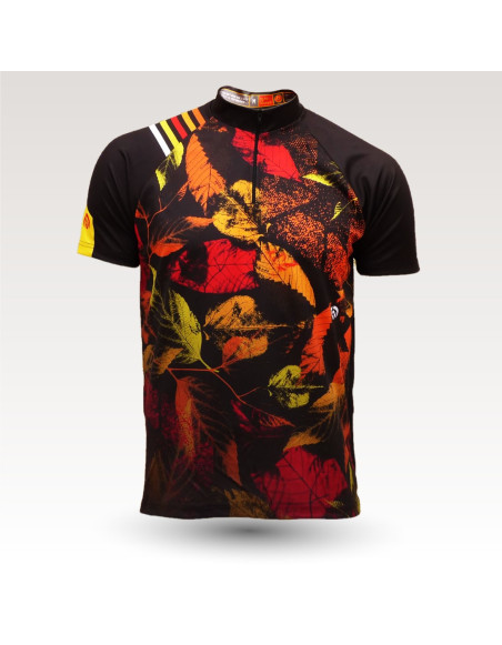 Maillot VTT leaves orange, maillot VTT enduro dh original à manches courtes sublimé, maillot fibre technique, coupe ultra confort VTT