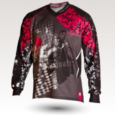 Maillot Trashy, maillot VTT enduro dh original à manches longues sublimé, maillot fibre technique bi-matière, coupe ample ultra confort adaptée au port des protections