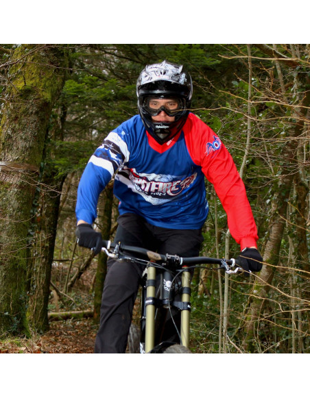 Maillot Spit Fire, maillot VTT enduro dh original à manches longues sublimé, maillot fibre technique bi-matière, coupe ample ultra confort adaptée au port des protections