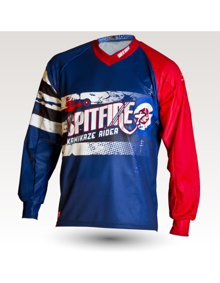 Maillot Spit Fire, maillot VTT enduro dh original à manches longues sublimé, maillot fibre technique bi-matière, coupe ample ultra confort adaptée au port des protections