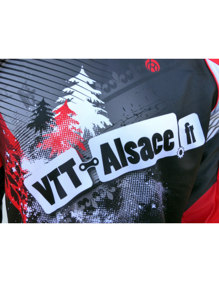 Maillot vtt alsace, maillot VTT enduro dh original à manches longues sublimé, maillot fibre technique bi-matière, coupe ample ultra confort adaptée au port des protections