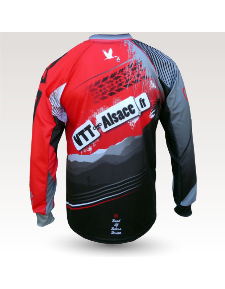 Maillot vtt alsace, maillot VTT enduro dh original à manches longues sublimé, maillot fibre technique bi-matière, coupe ample ultra confort adaptée au port des protections