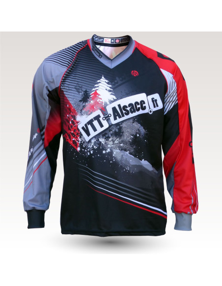Maillot vtt alsace, maillot VTT enduro dh original à manches longues sublimé, maillot fibre technique bi-matière, coupe ample ultra confort adaptée au port des protections