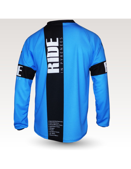 Maillot Ride in Pyrénées bleu, maillot VTT enduro dh original à manches longues sublimé, maillot fibre technique bi-matière, coupe ample ultra confort adaptée au port des protections
