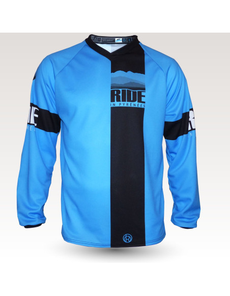 Maillot Ride in Pyrénées bleu, maillot VTT enduro dh original à manches longues sublimé, maillot fibre technique bi-matière, coupe ample ultra confort adaptée au port des protections